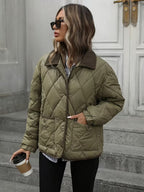 Women's Diamond Quilted Jacket with Snap Front and Ribbed Collar