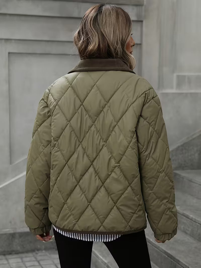 Women's Diamond Quilted Jacket with Snap Front and Ribbed Collar