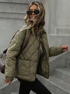 Women's Diamond Quilted Jacket with Snap Front and Ribbed Collar