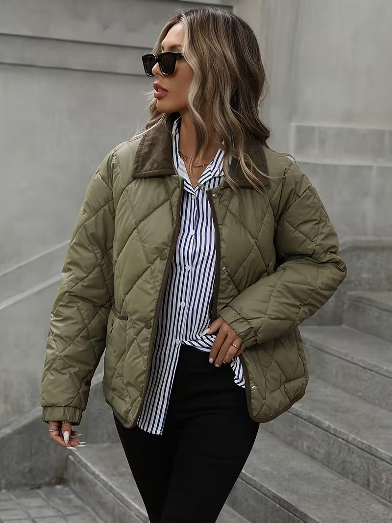 Women's Diamond Quilted Jacket with Snap Front and Ribbed Collar