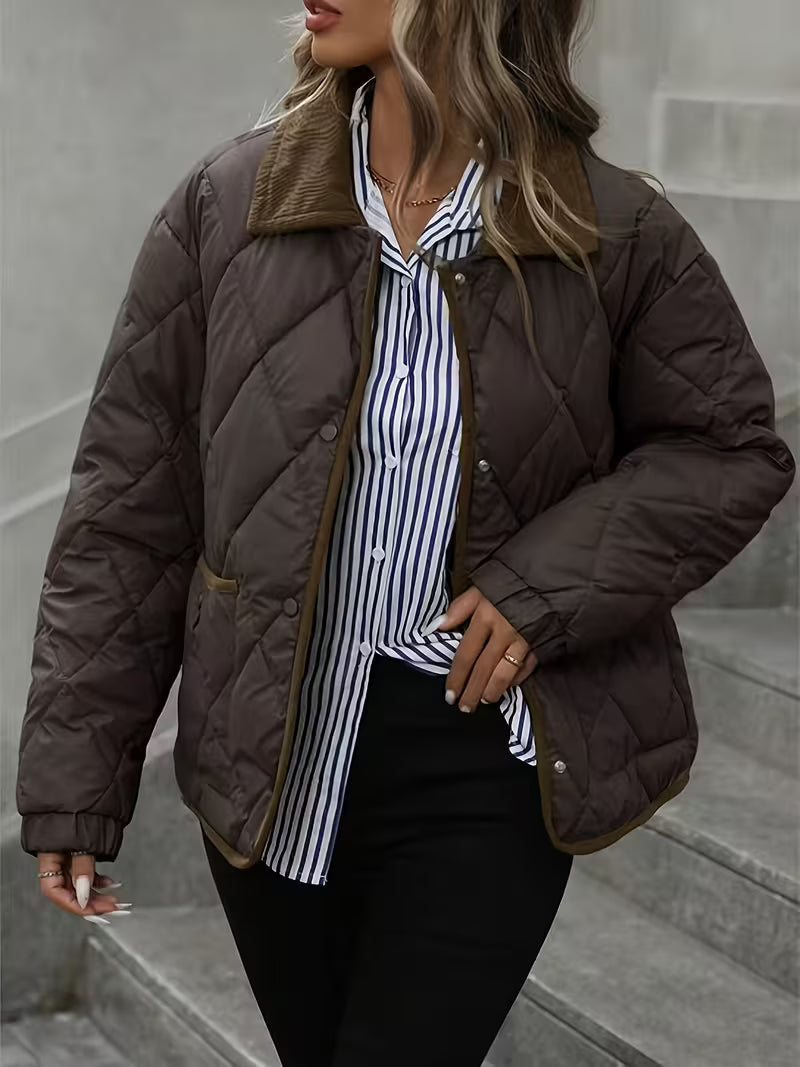 Women's Diamond Quilted Jacket with Snap Front and Ribbed Collar