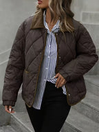 Women's Diamond Quilted Jacket with Snap Front and Ribbed Collar
