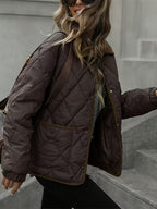Women's Diamond Quilted Jacket with Snap Front and Ribbed Collar