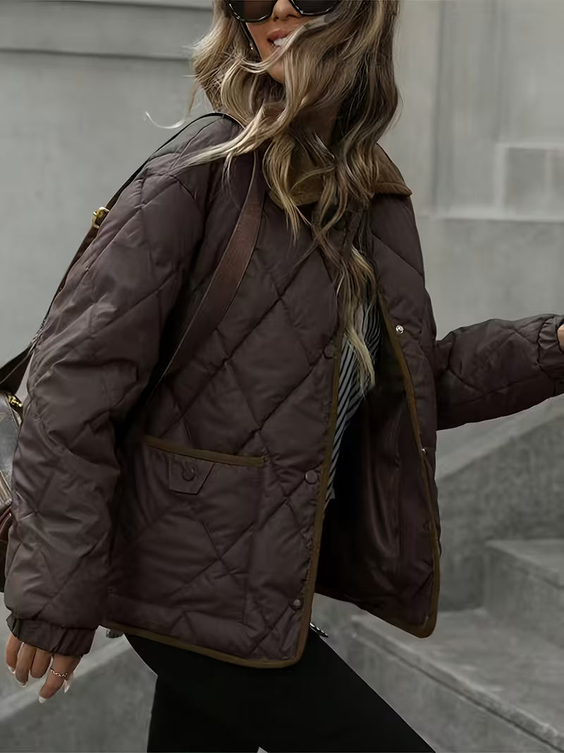 Women's Diamond Quilted Jacket with Snap Front and Ribbed Collar