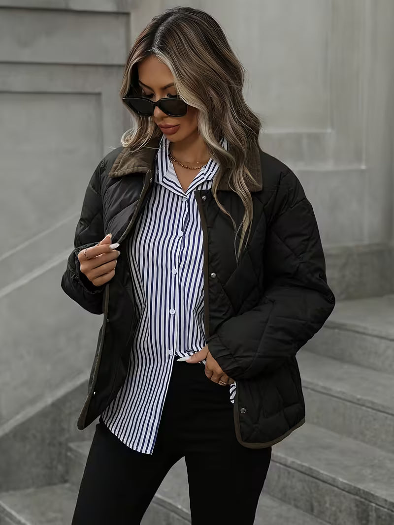 Women's Diamond Quilted Jacket with Snap Front and Ribbed Collar