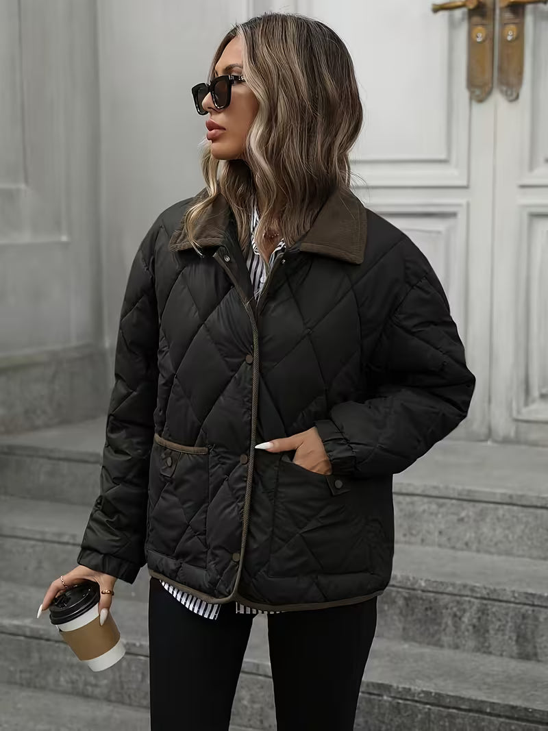 Women's Diamond Quilted Jacket with Snap Front and Ribbed Collar