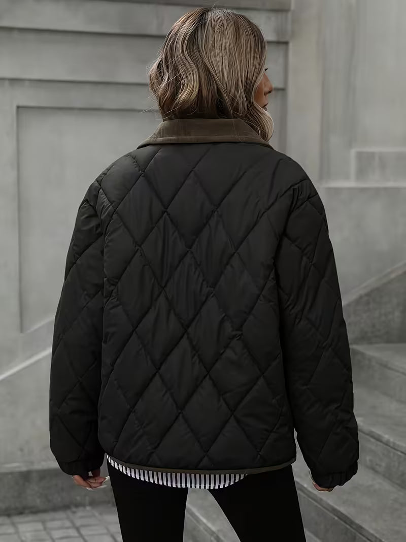 Women's Diamond Quilted Jacket with Snap Front and Ribbed Collar