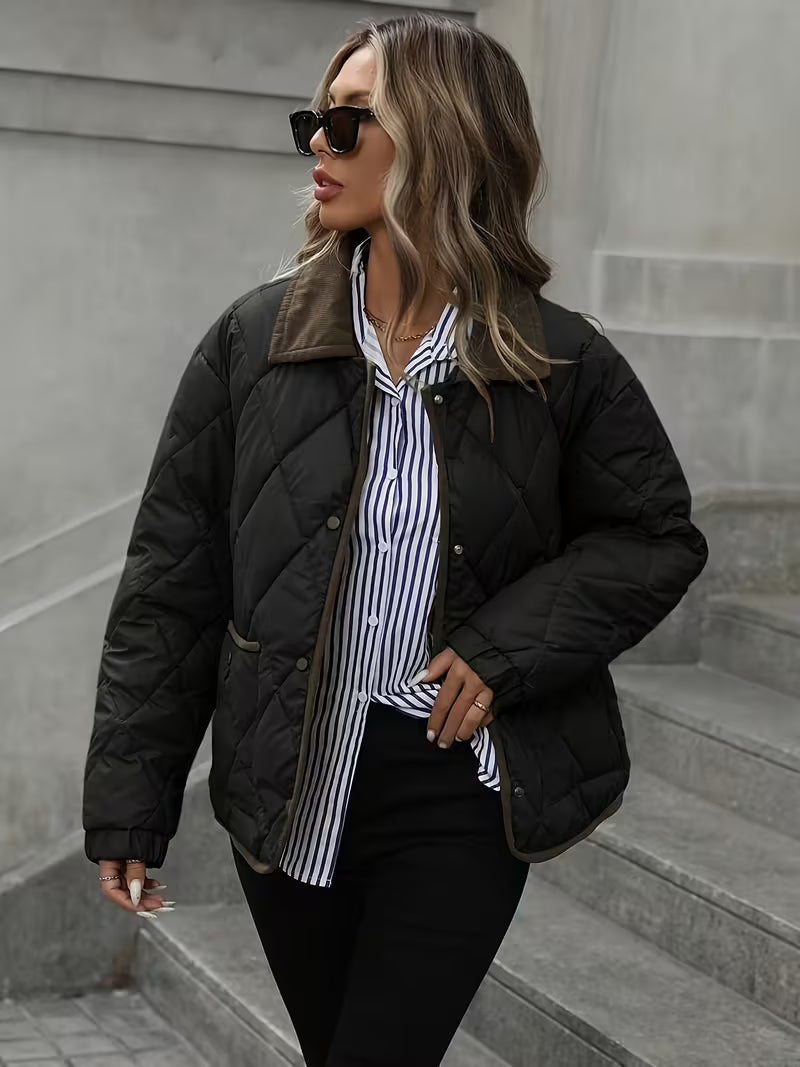 Women's Diamond Quilted Jacket with Snap Front and Ribbed Collar