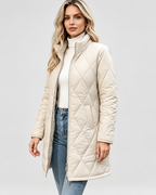 Women's Diamond Quilted Longline Coat with Stand Collar and Zip Front in White – Front View