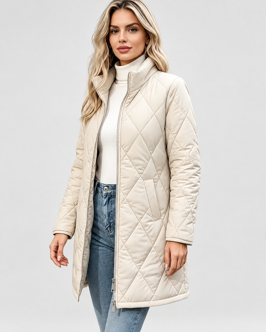 Women's Diamond Quilted Longline Coat with Stand Collar and Zip Front in White – Front View