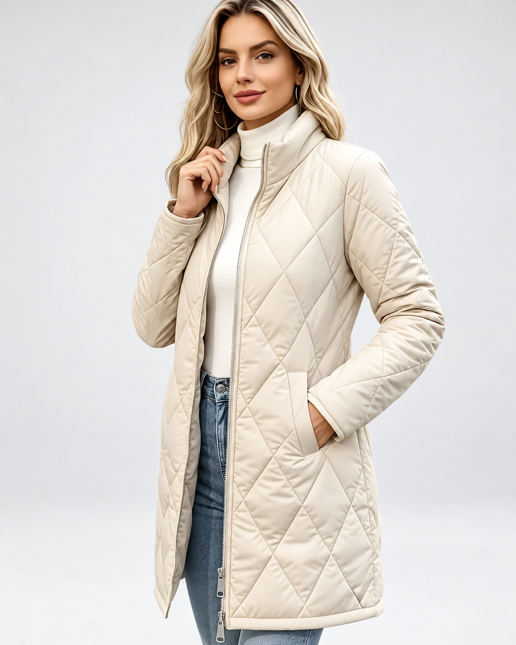 Women's Diamond Quilted Longline Coat with Stand Collar and Zip Front in White – Front View 2