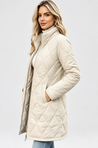 Women's Diamond Quilted Longline Coat with Stand Collar and Zip Front in White – Front View 3