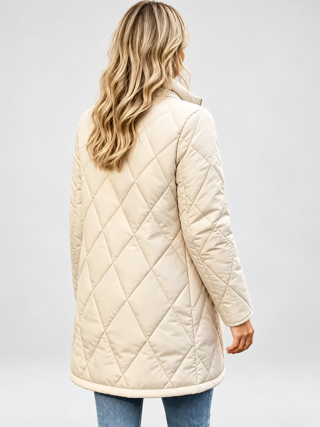 Women's Diamond Quilted Longline Coat with Stand Collar and Zip Front in White – Back View