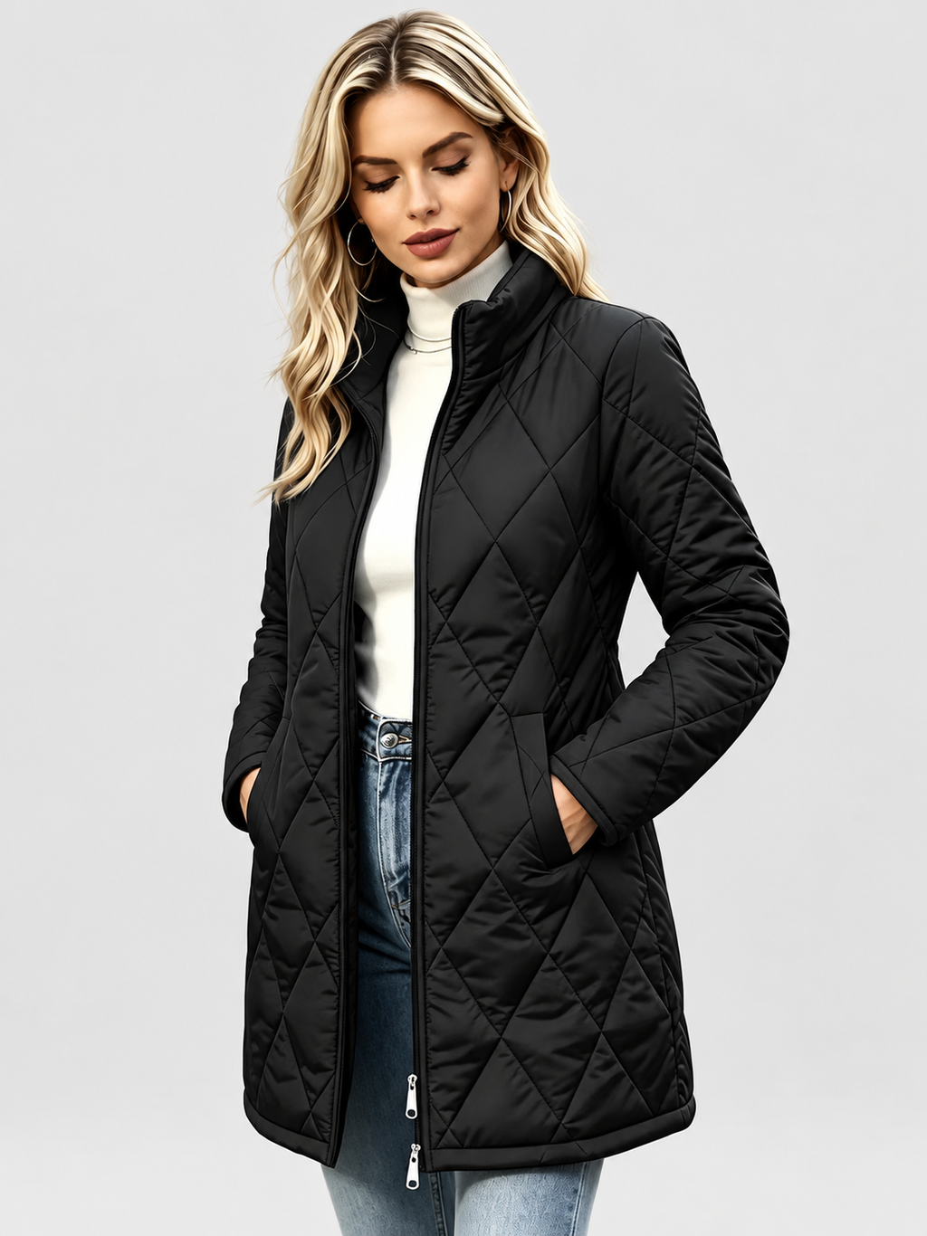 Women's Diamond Quilted Longline Coat with Stand Collar and Zip Front in Black – Front View