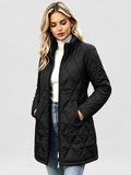 Women's Diamond Quilted Longline Coat with Stand Collar and Zip Front in Black – Front View