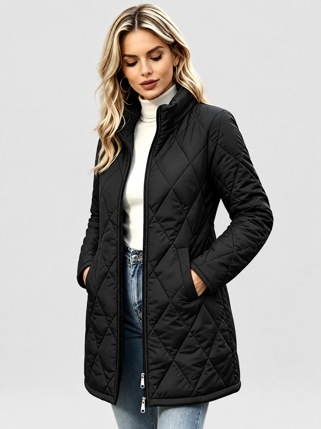 Women's Diamond Quilted Longline Coat with Stand Collar and Zip Front in Black – Front View