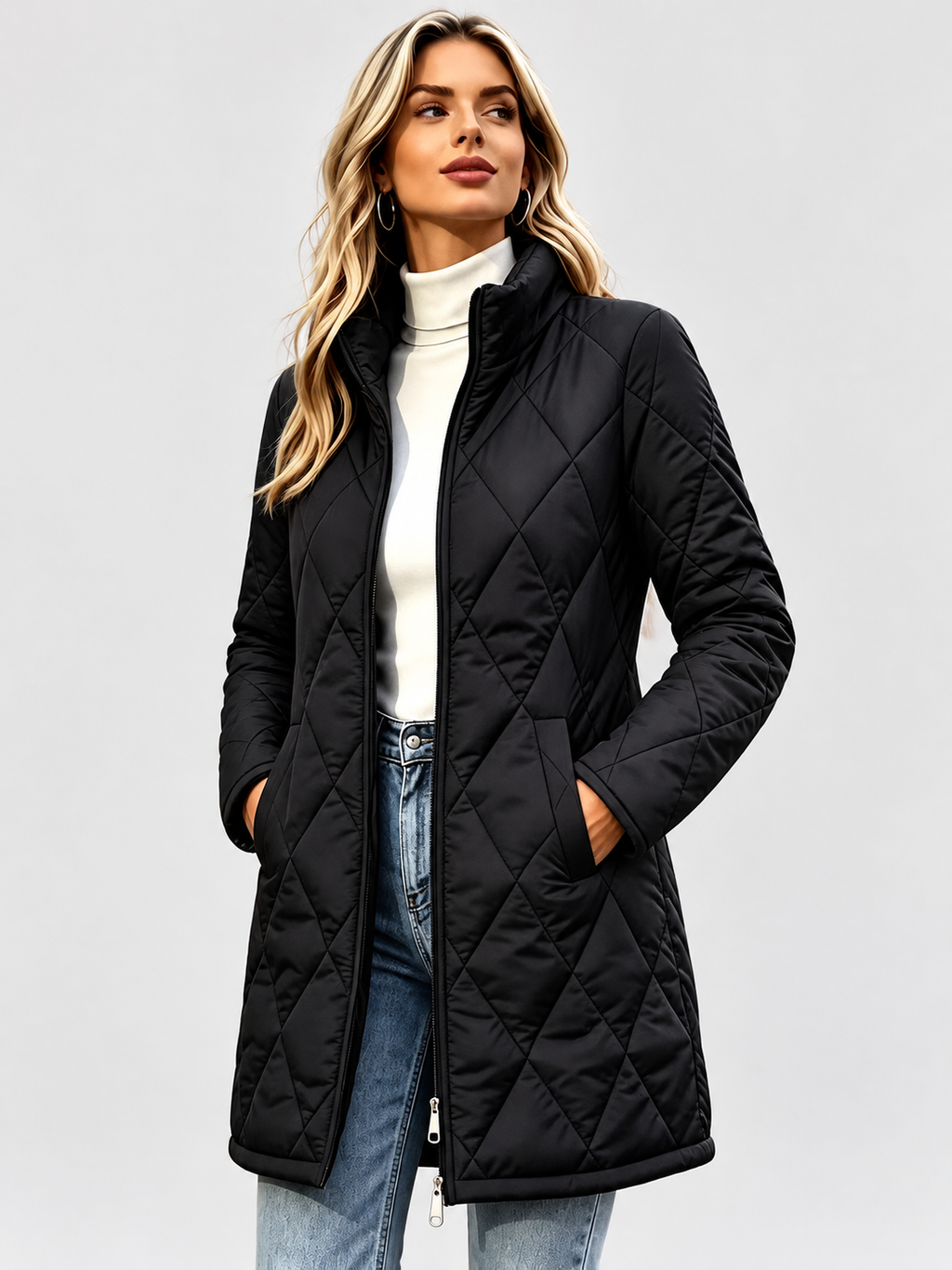 Women's Diamond Quilted Longline Coat with Stand Collar and Zip Front in Black – Front View 2