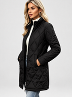 Women's Diamond Quilted Longline Coat with Stand Collar and Zip Front in Black – Front View 3