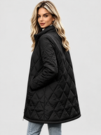 Women's Diamond Quilted Longline Coat with Stand Collar and Zip Front in Black – Side View