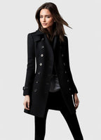 Women's Double Breasted Coat with Notch Lapels and Shoulder Epaulettes — Black — image 2