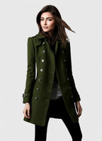 Women's Double Breasted Coat with Notch Lapels and Shoulder Epaulettes — Green — image 4
