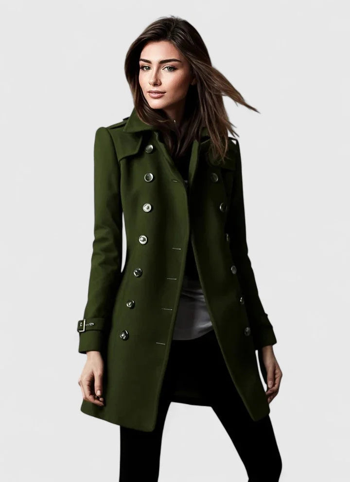 Women's Double Breasted Coat with Notch Lapels and Shoulder Epaulettes — Green — image 4