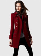 Women's Double Breasted Coat with Notch Lapels and Shoulder Epaulettes — Red — image 1