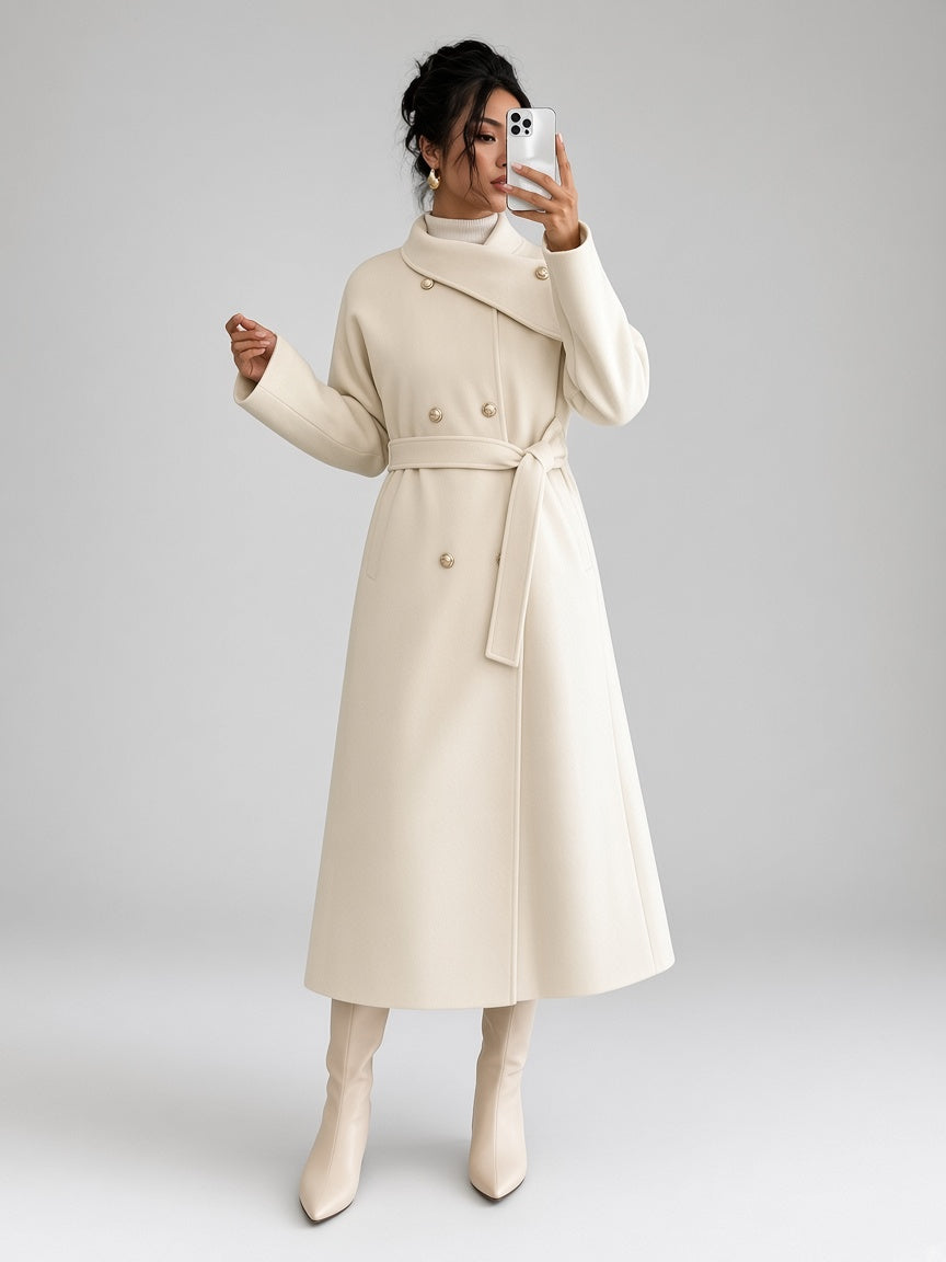 Women's Double-Breasted Long Belted Coat with Fold-Over Collar in Apricot – photo 4