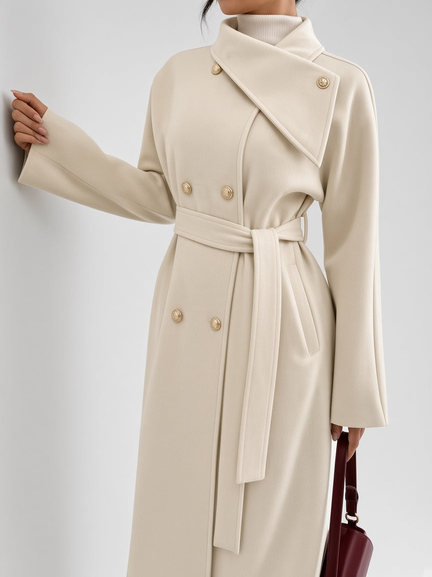 Women's Double-Breasted Long Belted Coat with Fold-Over Collar in Apricot – photo 5