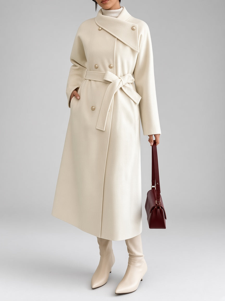 Women's Double-Breasted Long Belted Coat with Fold-Over Collar in Apricot – photo 6