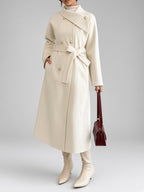 Women's Double-Breasted Long Belted Coat with Fold-Over Collar in Apricot – photo 6