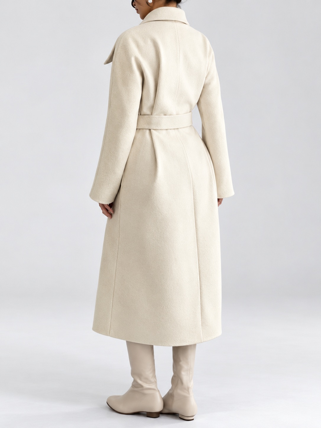 Women's Double-Breasted Long Belted Coat with Fold-Over Collar in Apricot – photo 2