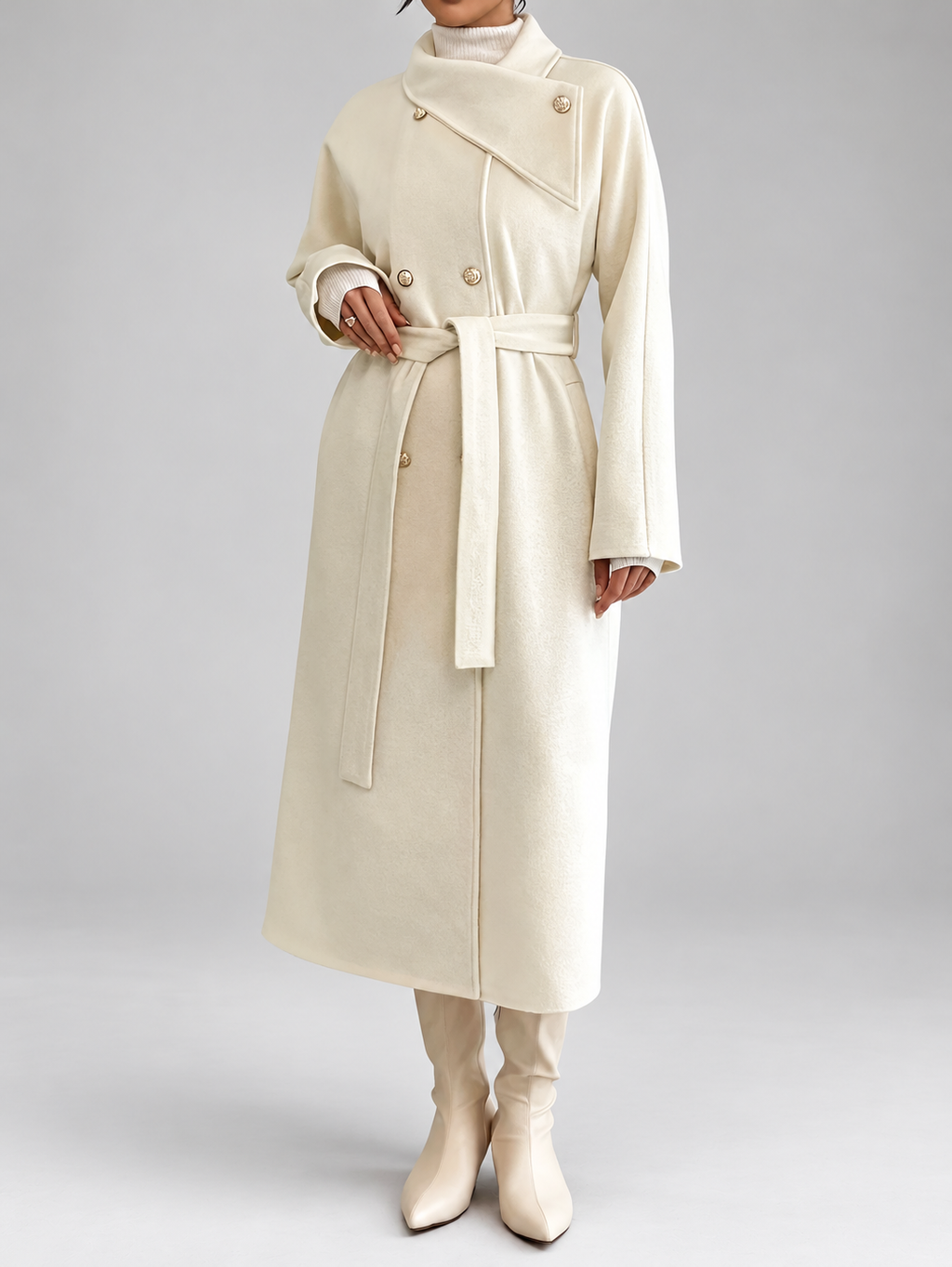 Women's Double-Breasted Long Belted Coat with Fold-Over Collar in Apricot – photo 1