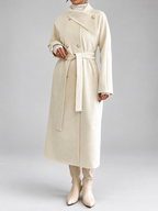 Women's Double-Breasted Long Belted Coat with Fold-Over Collar in Apricot – photo 1