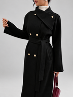 Women's Double-Breasted Long Belted Coat with Fold-Over Collar in Black – photo 4