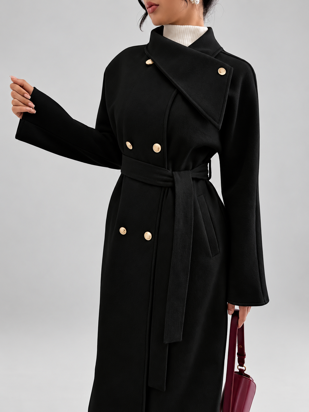 Women's Double-Breasted Long Belted Coat with Fold-Over Collar in Black – photo 4