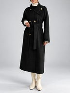 Women's Double-Breasted Long Belted Coat with Fold-Over Collar in Black – photo 5