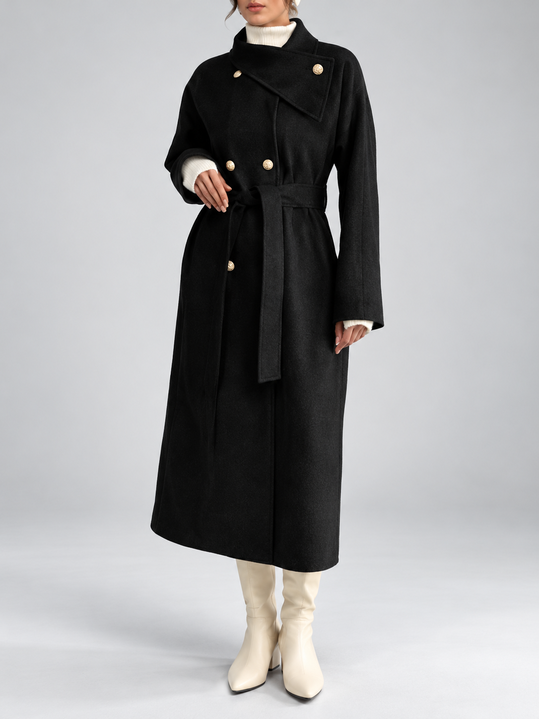 Women's Double-Breasted Long Belted Coat with Fold-Over Collar in Black – photo 5
