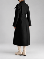 Women's Double-Breasted Long Belted Coat with Fold-Over Collar in Black – photo 2