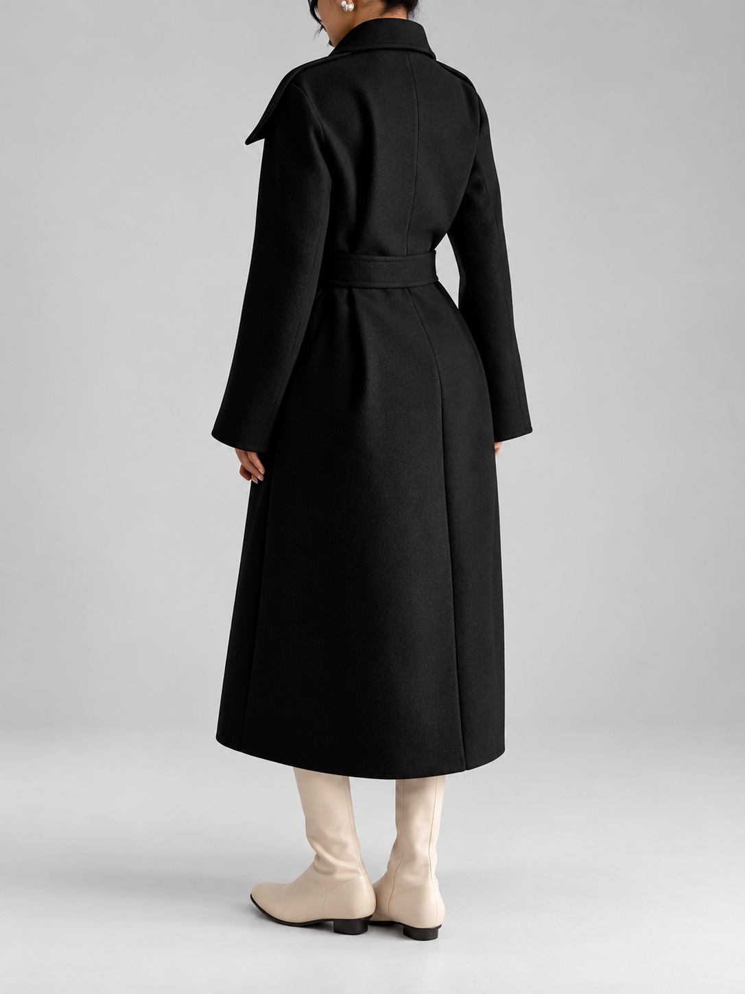 Women's Double-Breasted Long Belted Coat with Fold-Over Collar in Black – photo 2