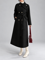 Women's Double-Breasted Long Belted Coat with Fold-Over Collar in Black – photo 1