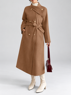 Women's Double-Breasted Long Belted Coat with Fold-Over Collar in Brown – photo 2