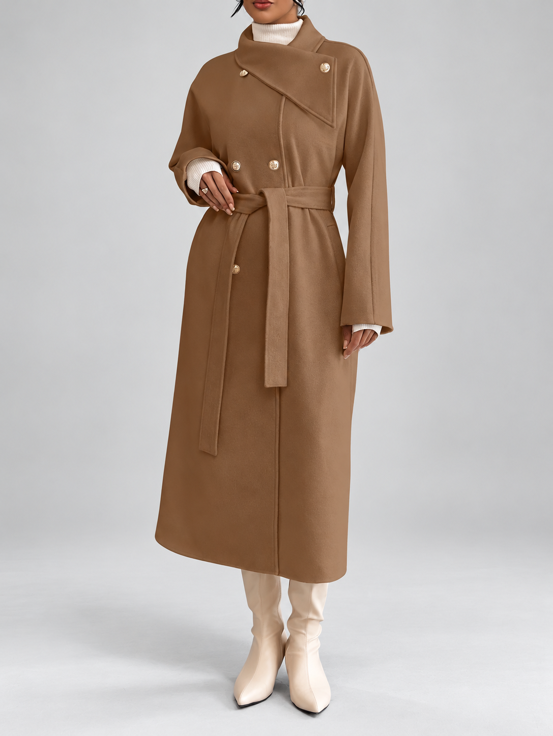 Women's Double-Breasted Long Belted Coat with Fold-Over Collar in Brown – photo 1