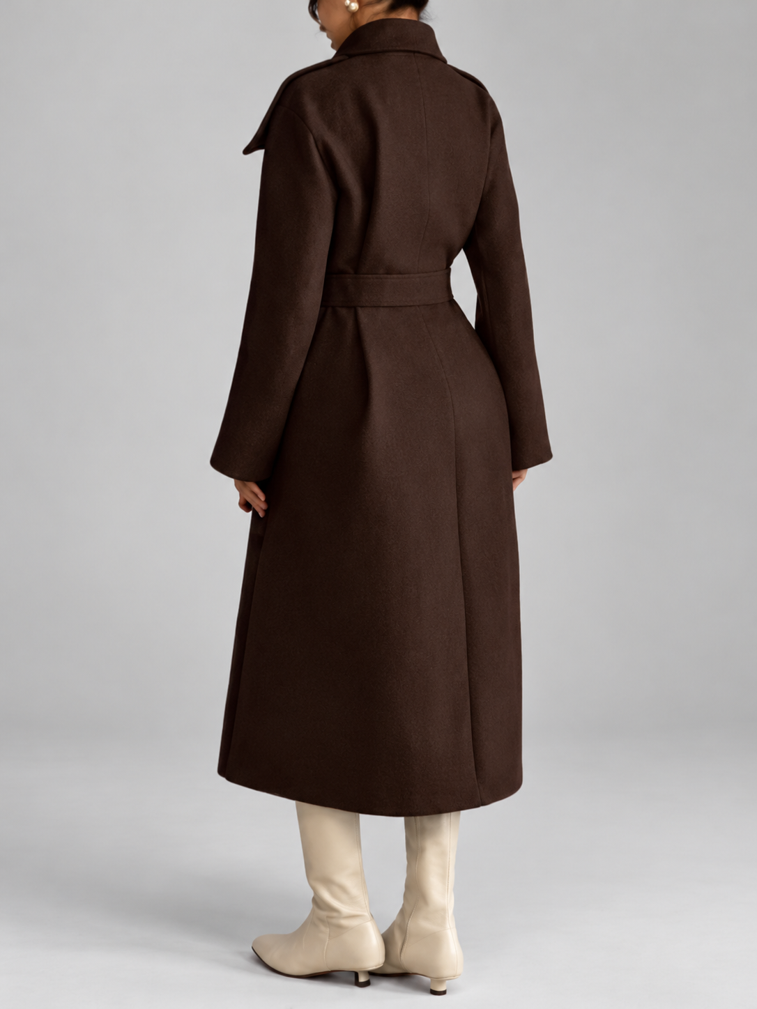 Women's Double-Breasted Long Belted Coat with Fold-Over Collar in Coffee – photo 2