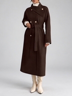 Women's Double-Breasted Long Belted Coat with Fold-Over Collar in Coffee – photo 3