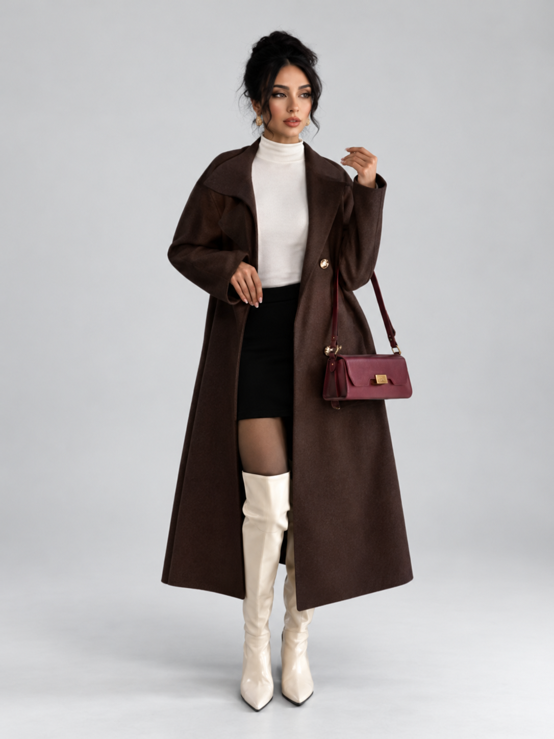 Women's Double-Breasted Long Belted Coat with Fold-Over Collar in Coffee – photo 4
