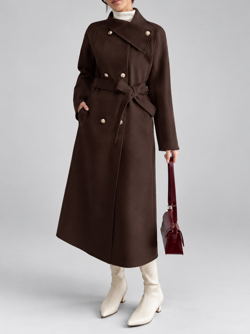 Women's Double-Breasted Long Belted Coat with Fold-Over Collar in Coffee – photo 1