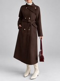 Women's Double-Breasted Long Belted Coat with Fold-Over Collar in Coffee – photo 1