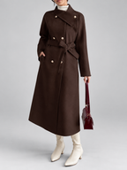 Women's Double-Breasted Long Belted Coat with Fold-Over Collar in Coffee – photo 1
