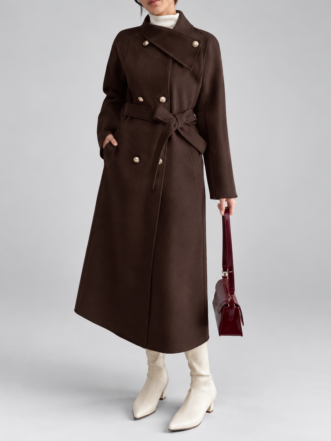Women's Double-Breasted Long Belted Coat with Fold-Over Collar in Coffee – photo 1